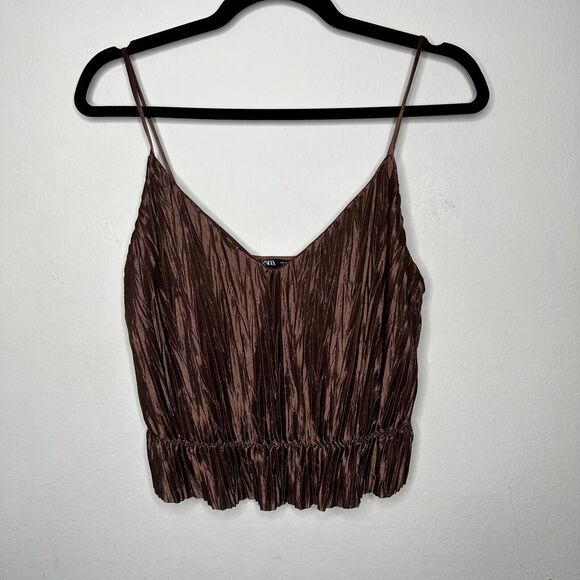 Zara Bronze Brown Travel Crinkle Satin Peplum Tank Spaghetti Strap V-Neck S - Picture 12 of 13